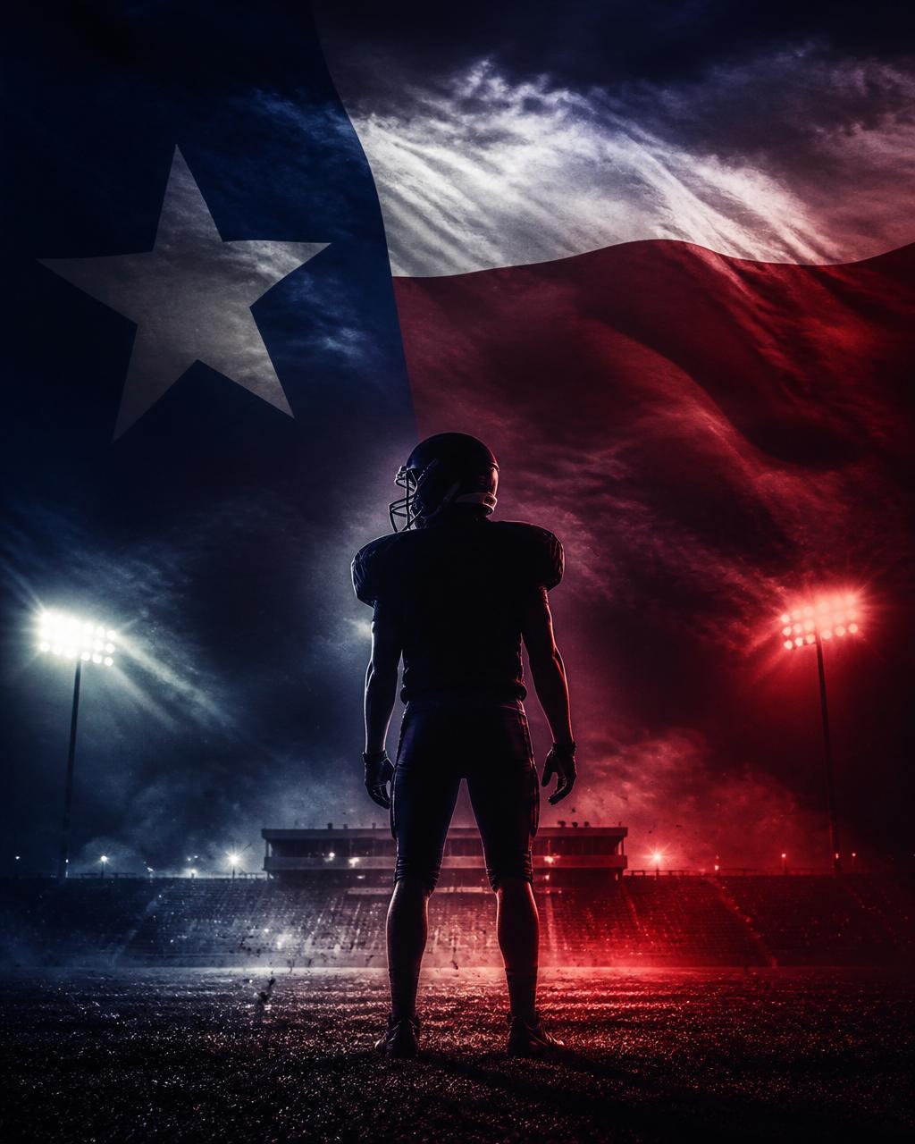Silhouette of a Texas high school football player under stadium lights with the Texas flag